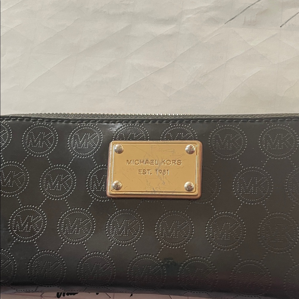 Michael Kors Black Logo-Pattern Wallet with Gold Plate